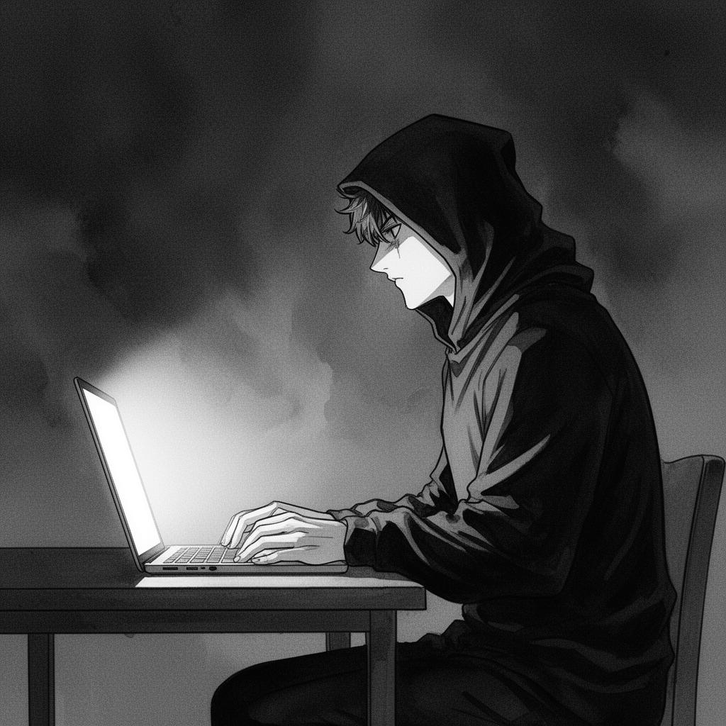 Hooded developer at desk illustration